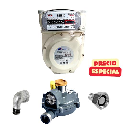 Combo centro de medición de gas con medidor Metrex, regulador Humcar y accesorios metálicos